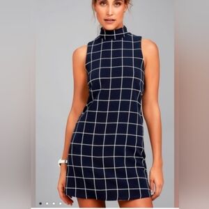 LULUS size L Dark Blue and White Checkered Midi Elegant Formal Dress